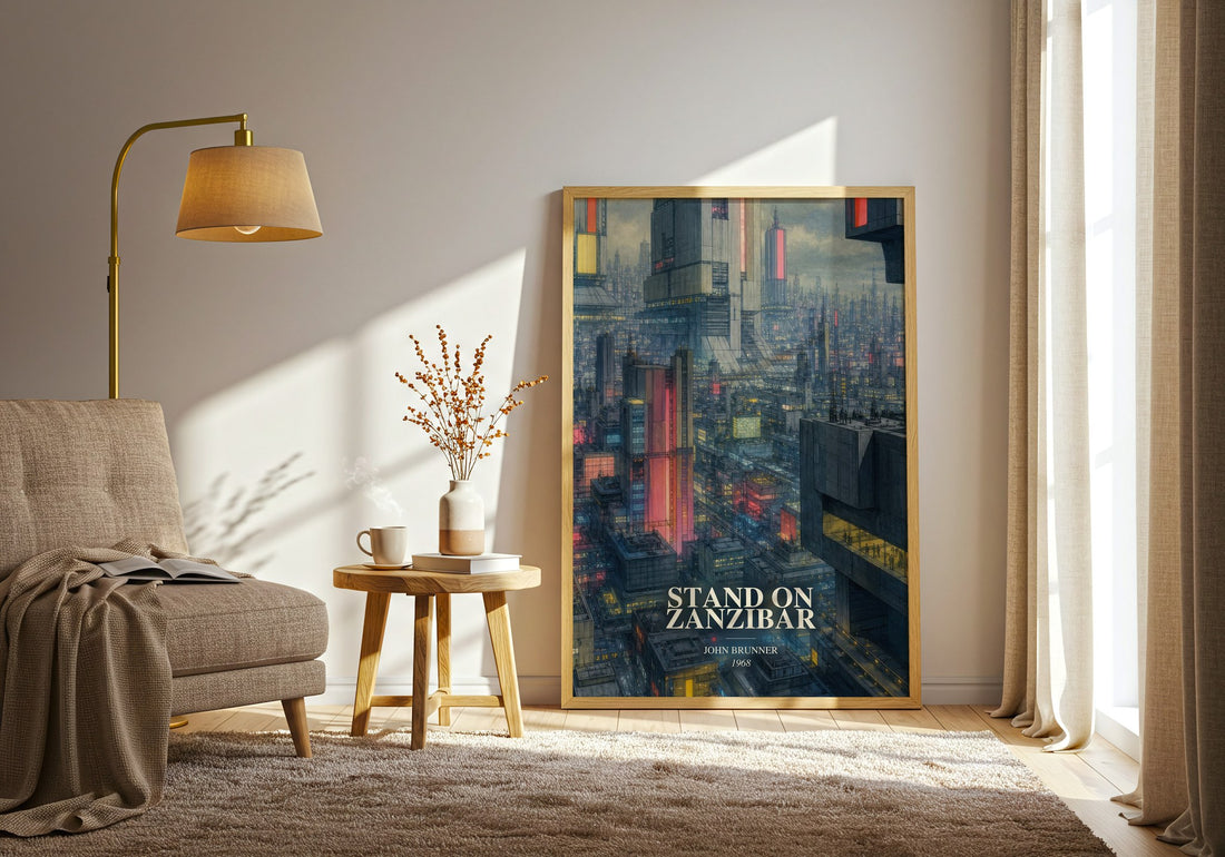 Stand on Zanzibar watercolour print in frame leaning in hallway – sci fi wall art