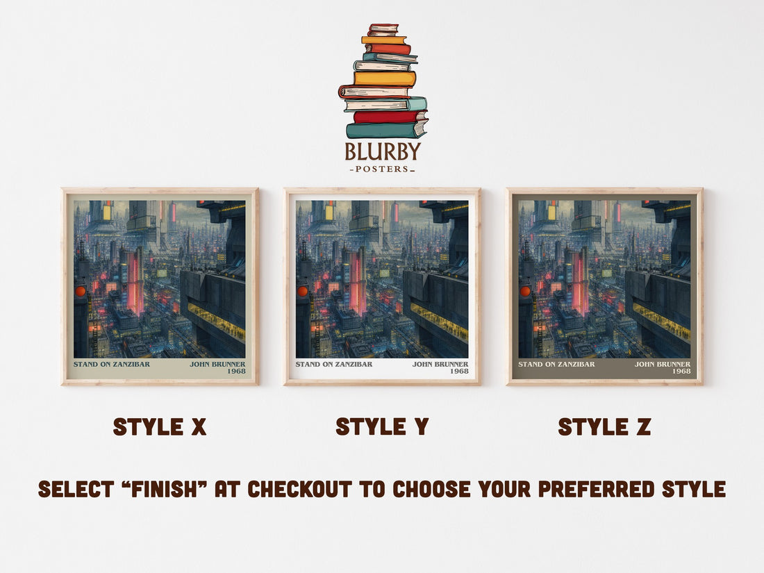 Stand on Zanzibar literary print in frame leaning in hallway – sci fi wall art (mockup)