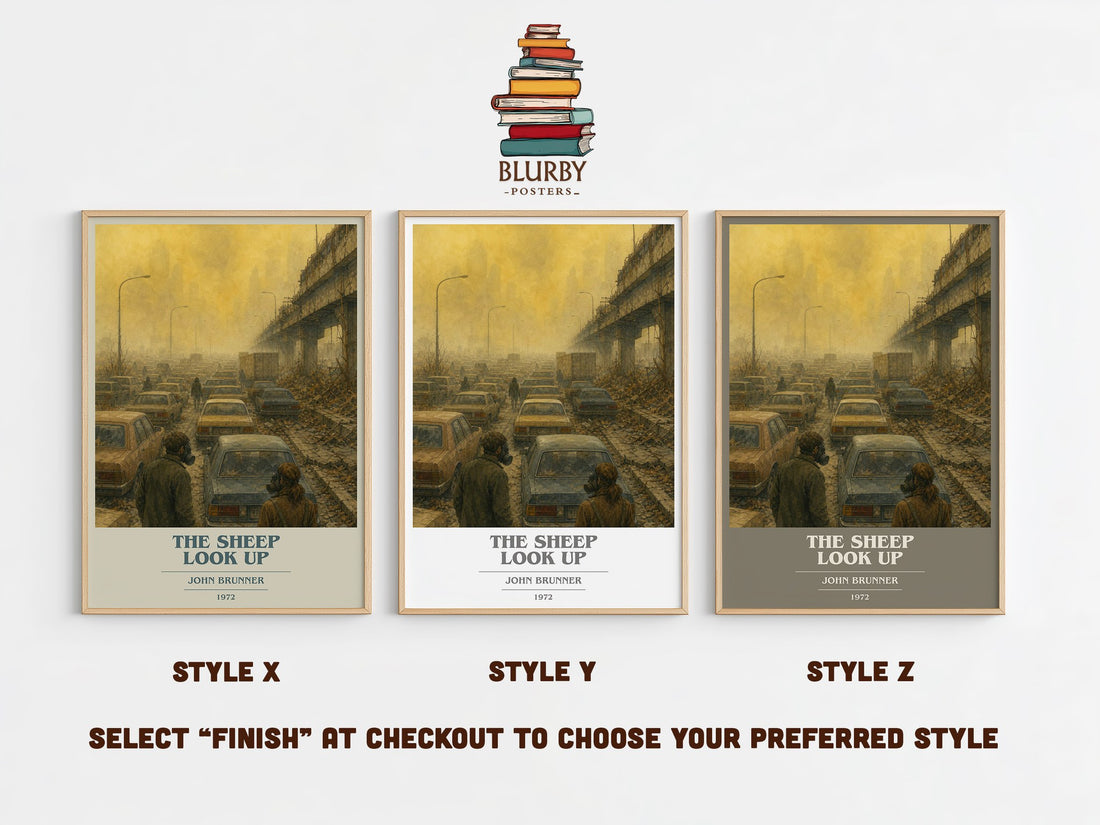 The Sheep Look Up book cover print in frame leaning in hallway – sci fi wall art (mockup)
