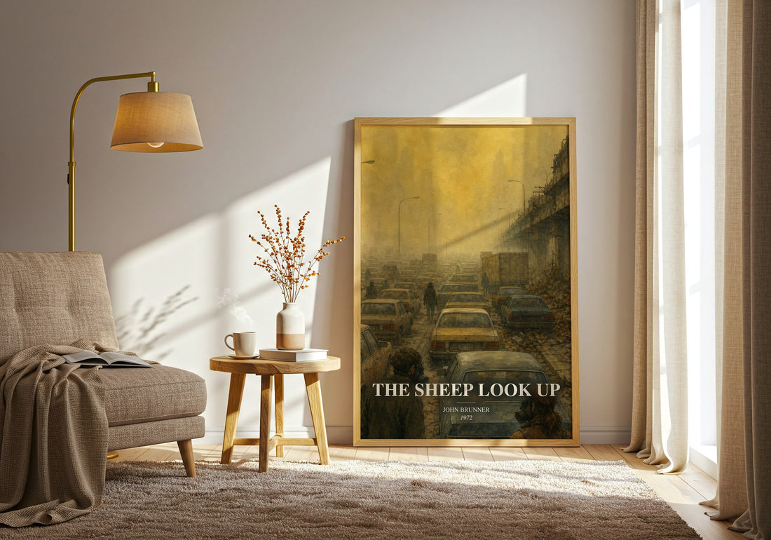 The Sheep Look Up watercolour print in frame leaning in hallway – sci fi wall art