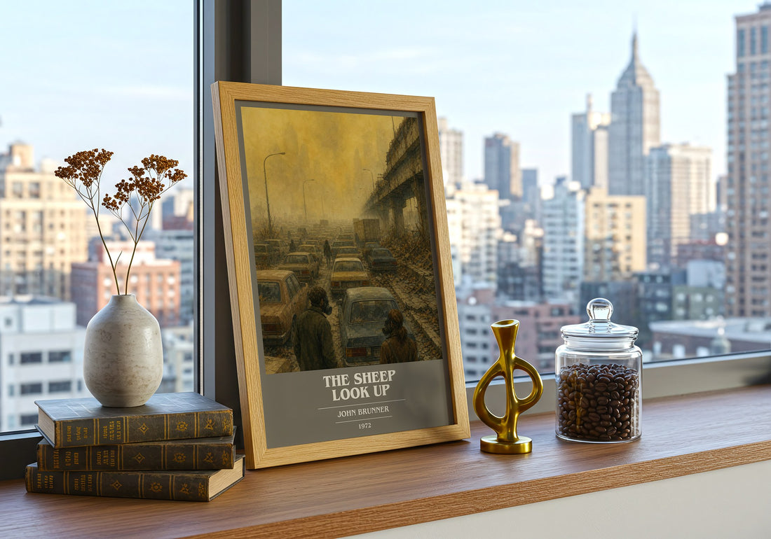 The Sheep Look Up book cover print framed by window – literary home decor