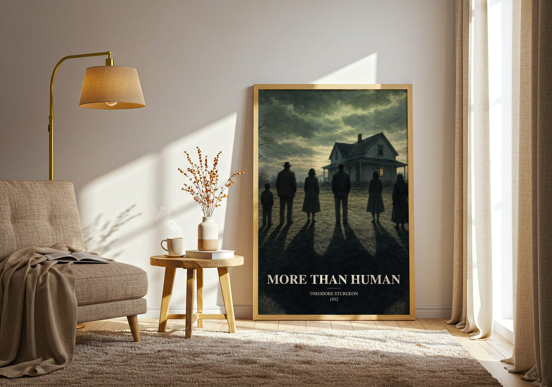 More Than Human watercolour print in frame leaning in hallway – sci fi wall art