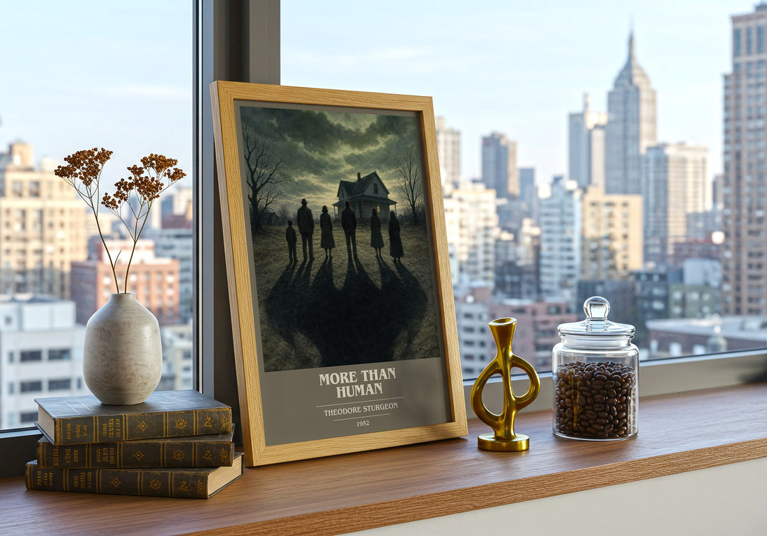 More Than Human book cover print framed by window – literary home decor