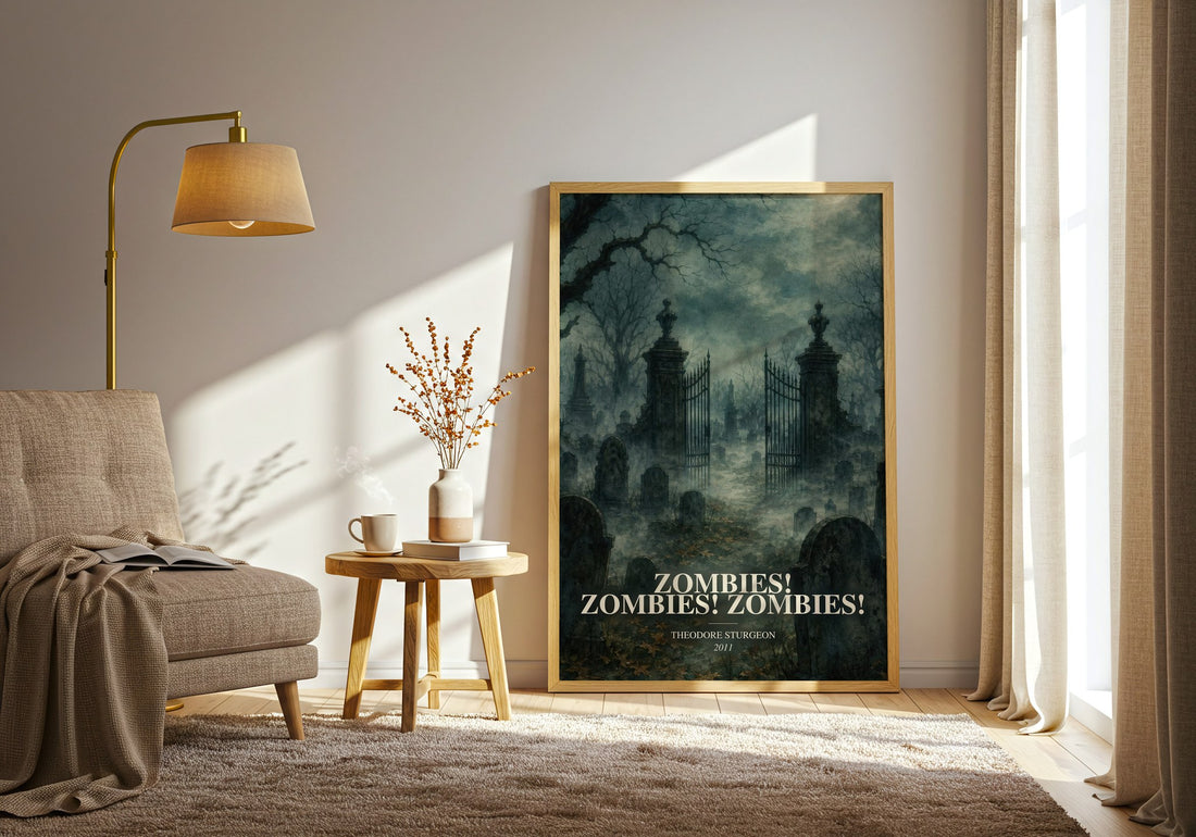 Zombies! Zombies! Zombies! watercolour print in frame leaning in hallway – sci fi wall art