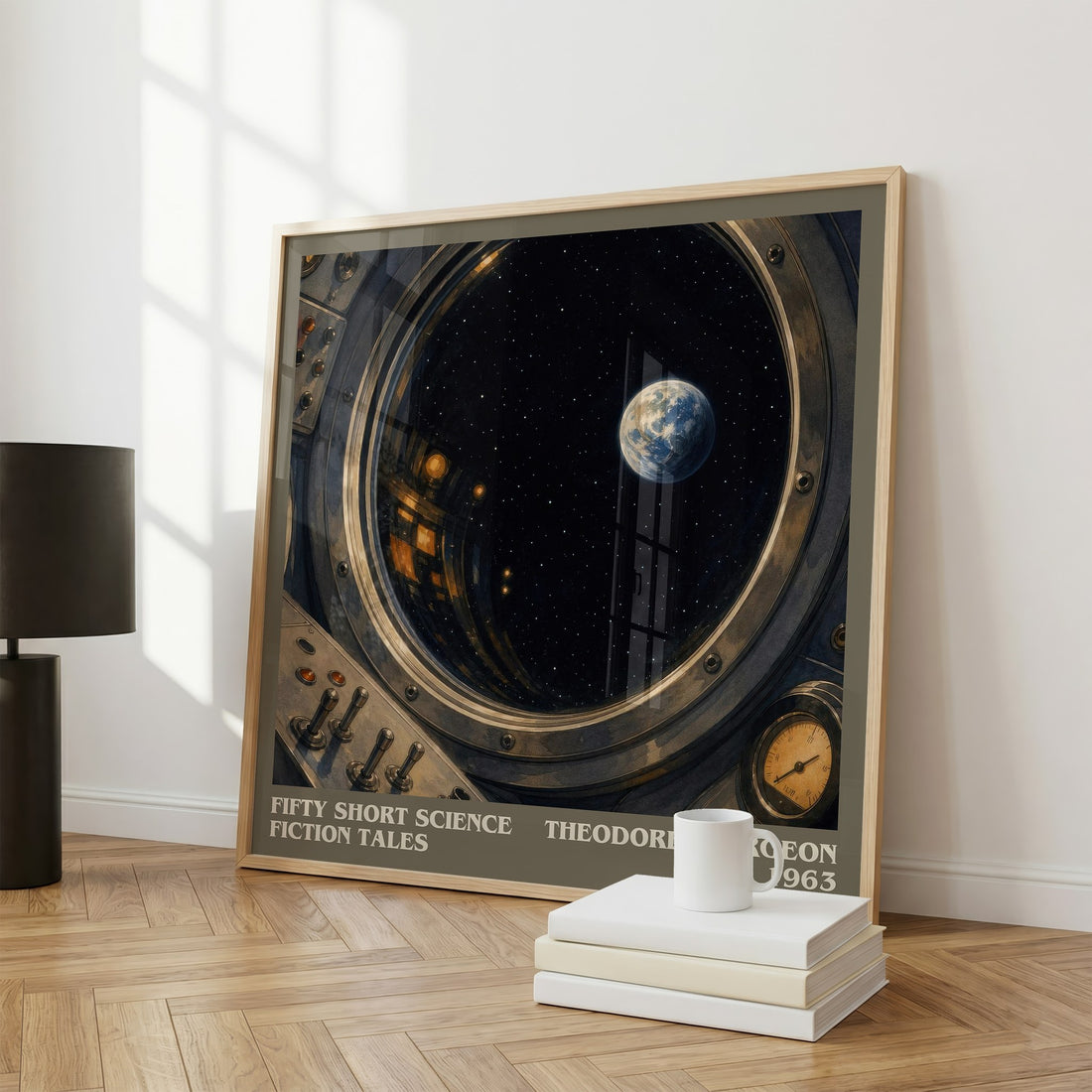 Fifty short science fiction tales literary print framed by window – literary home decor