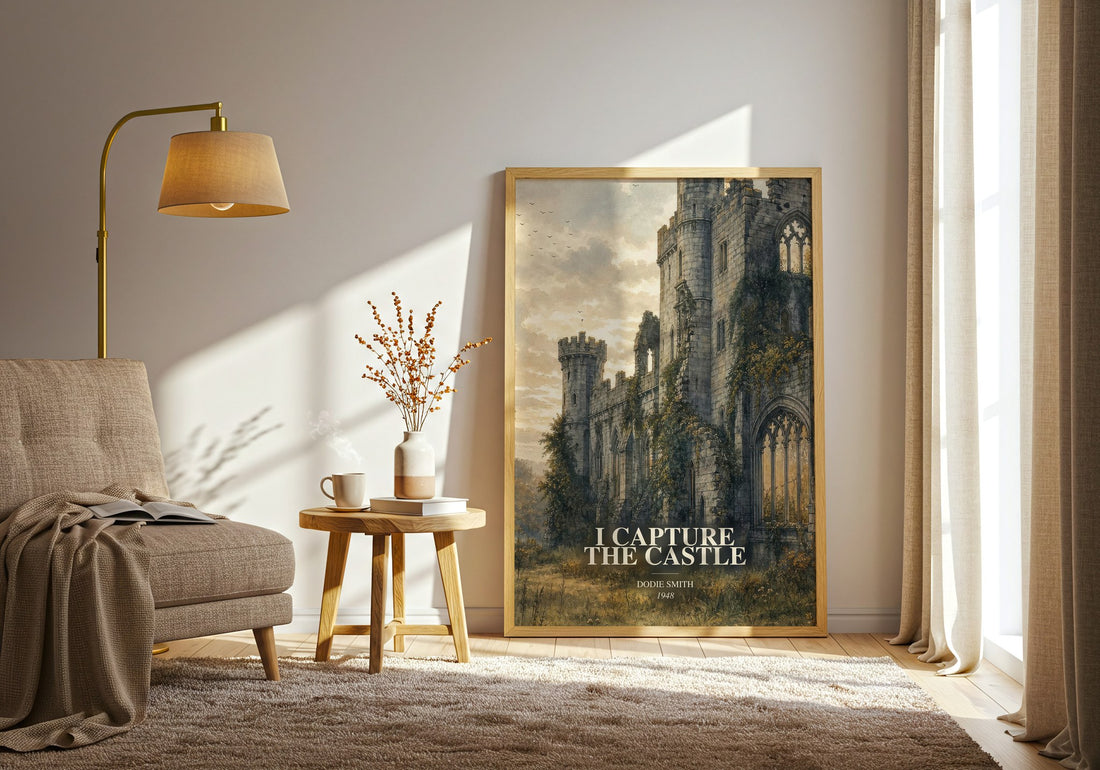 I Capture the Castle watercolour print in frame leaning in hallway – coming of age wall art