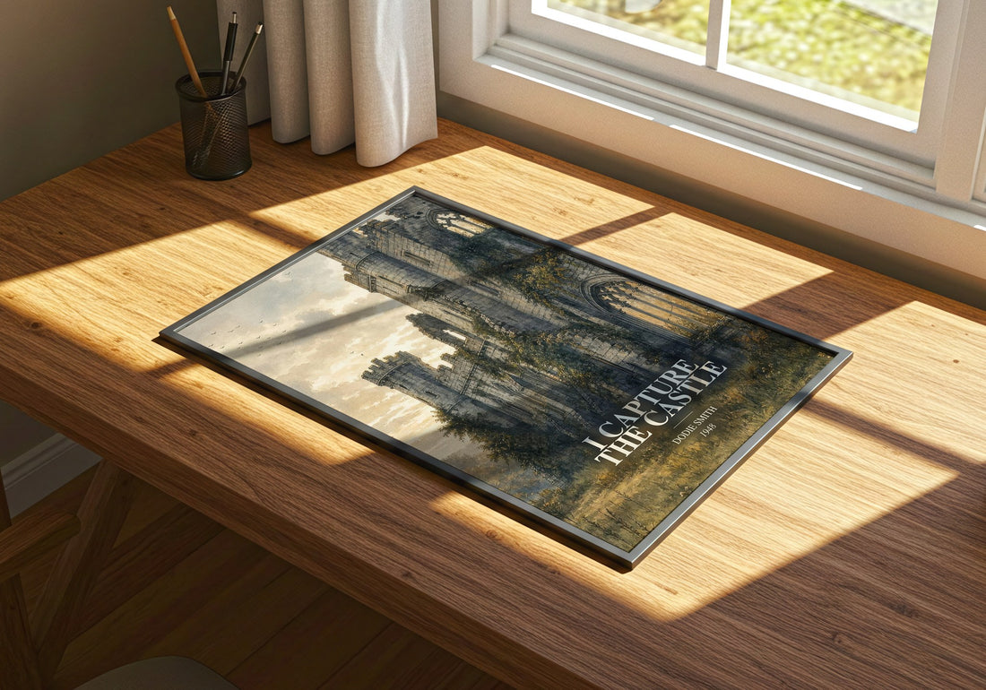 I Capture the Castle watercolour book poster framed on wall – coming of age wall art