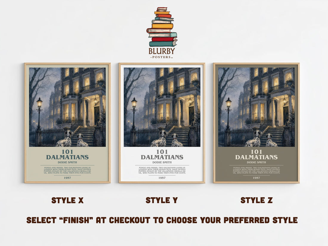 101 Dalmatians bookish print in frame leaning in hallway – childrens wall art (mockup)