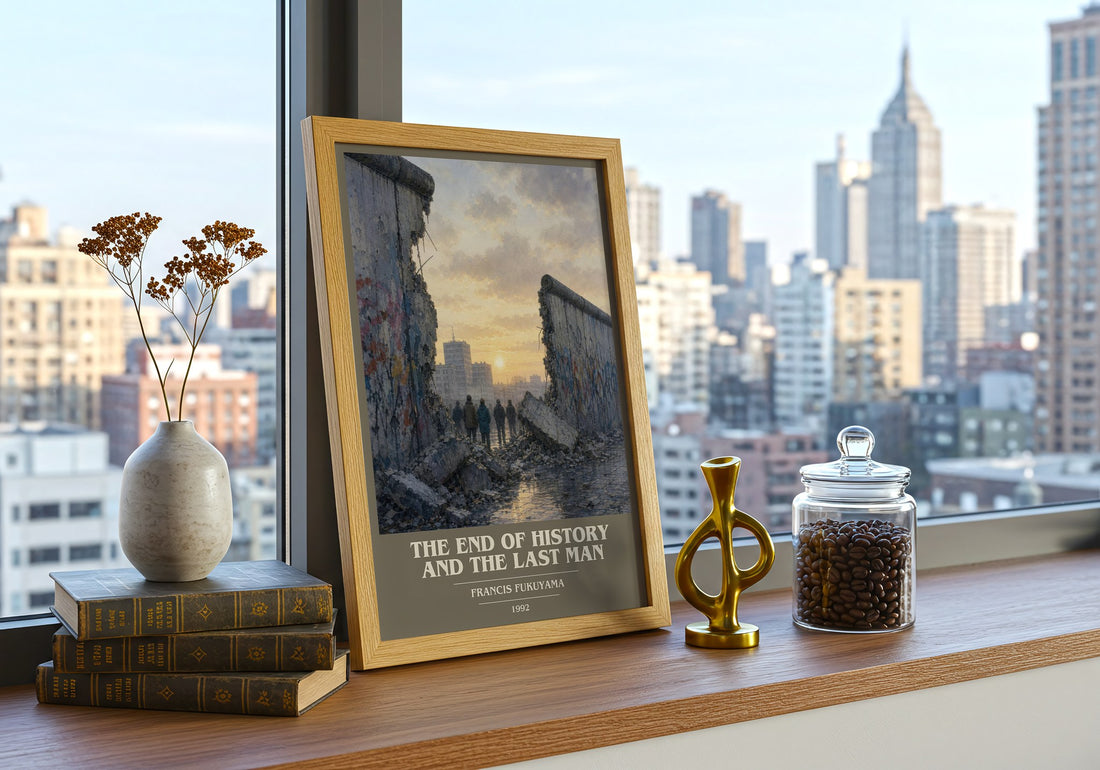 The End of History and the Last Man book cover print framed by window – literary home decor