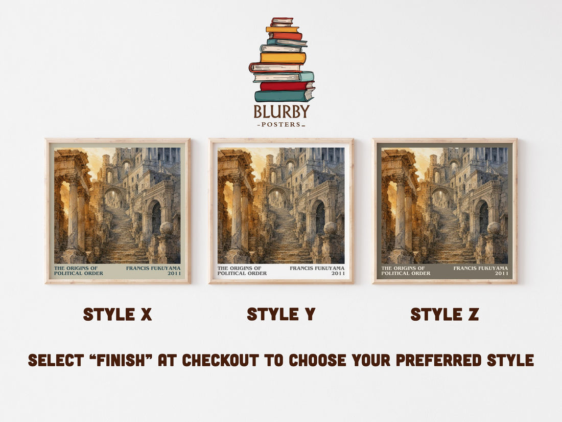 The origins of political order literary print in frame leaning in hallway – non fiction wall art (mockup)