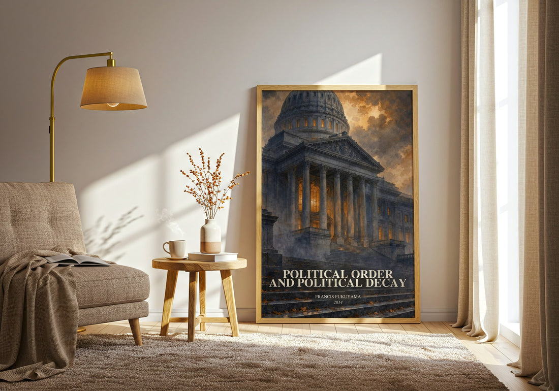 Political order and political decay watercolour print in frame leaning in hallway – non fiction wall art