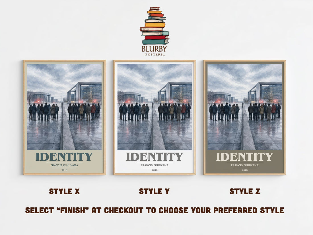 Identity book cover print in frame leaning in hallway – non fiction wall art (mockup)
