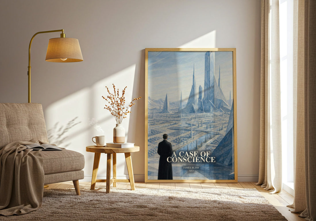 A Case of Conscience watercolour print in frame leaning in hallway – sci fi wall art