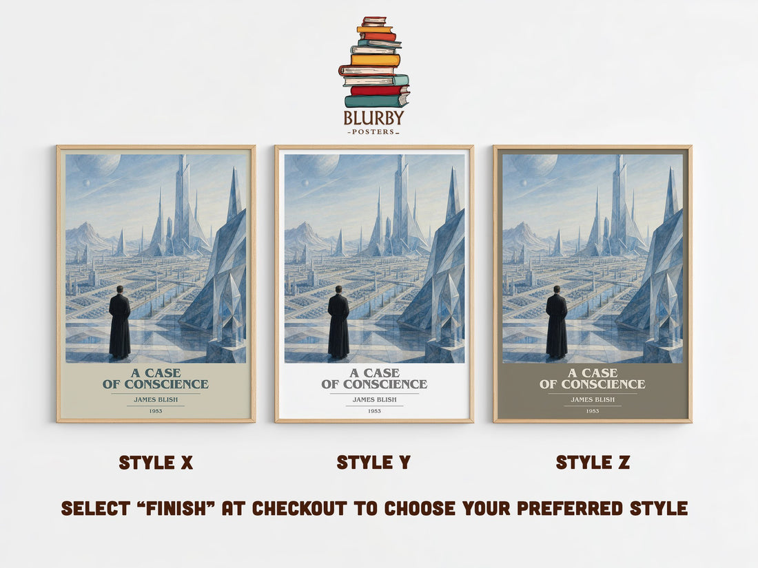 A Case of Conscience book cover print in frame leaning in hallway – sci fi wall art (mockup)