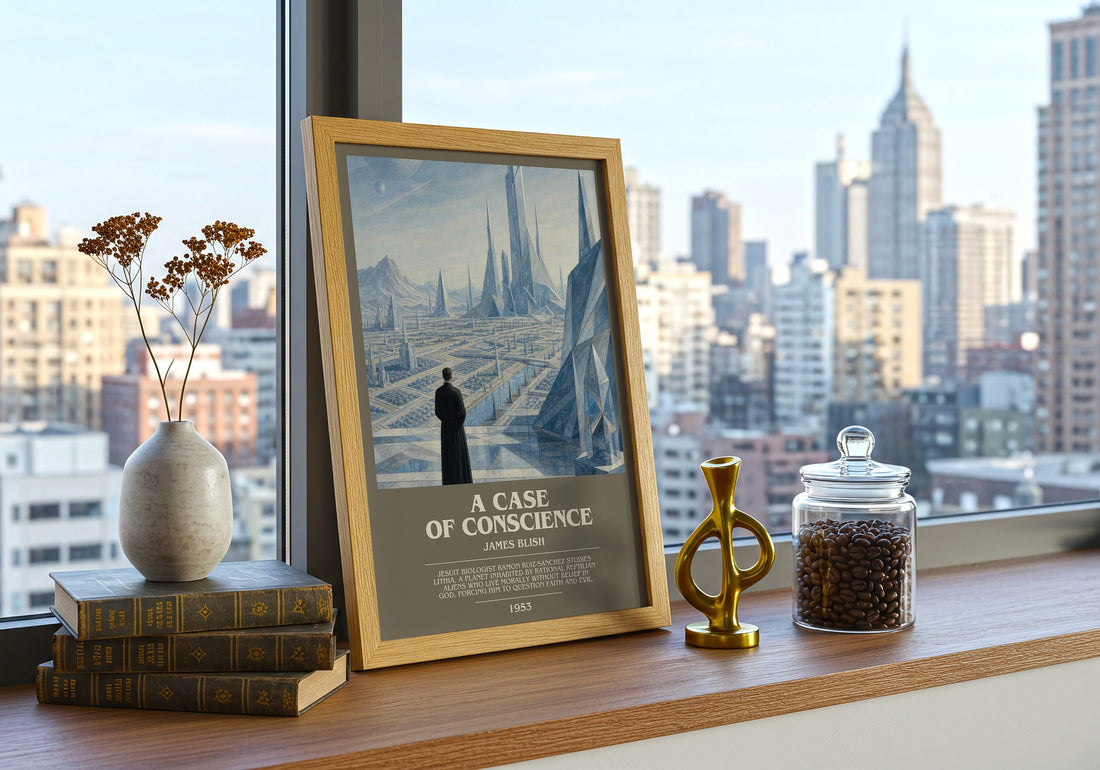A Case of Conscience bookish print framed by window – literary home decor