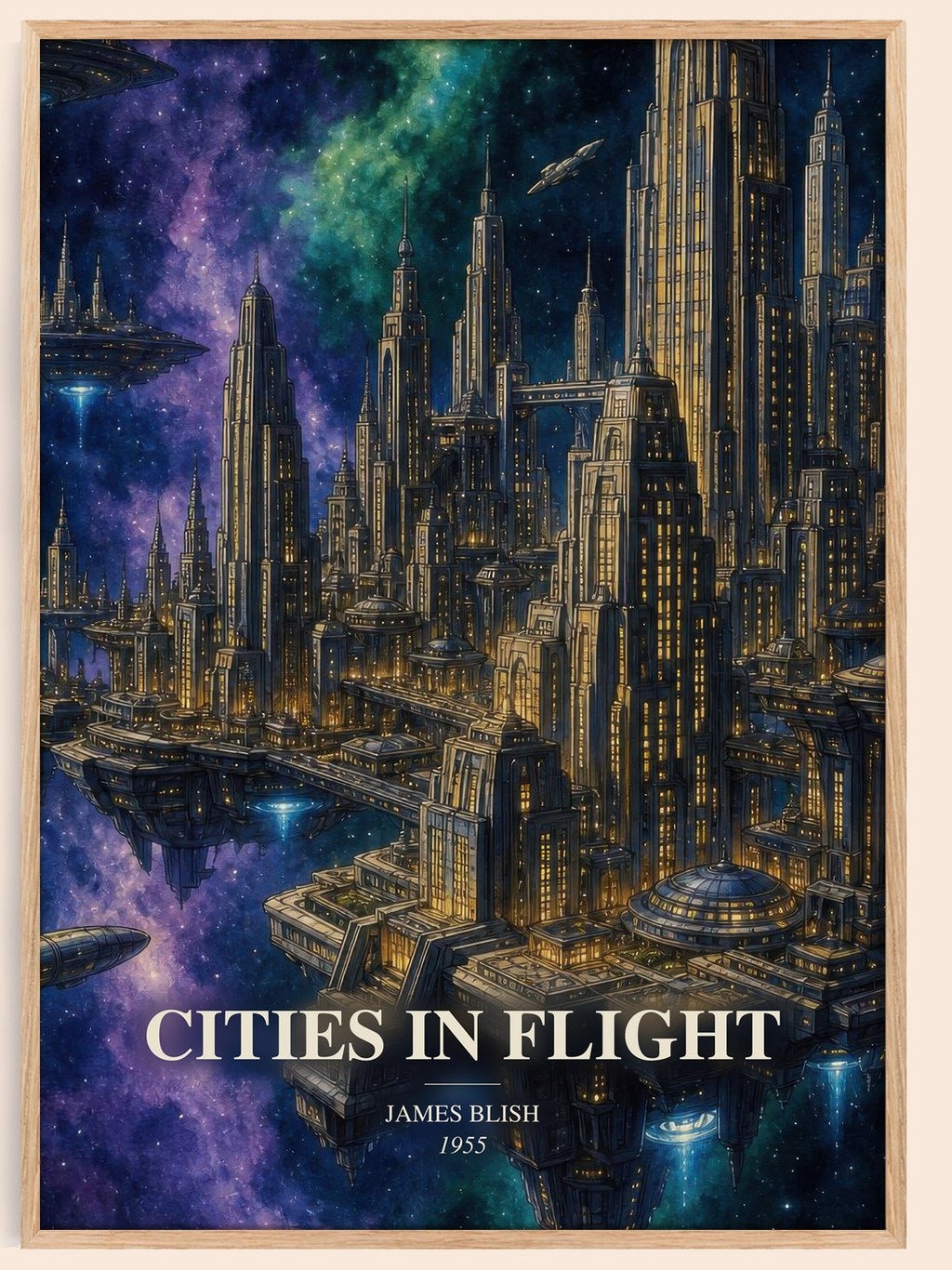 Cities in Flight watercolour book poster by James Blish – framed literary art print