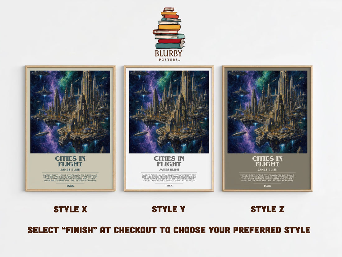 Cities in Flight bookish print in frame leaning in hallway – sci fi wall art (mockup)