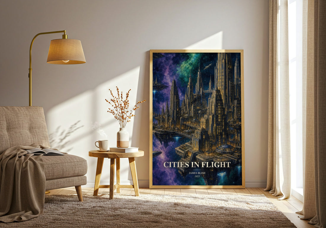 Cities in Flight watercolour print in frame leaning in hallway – sci fi wall art
