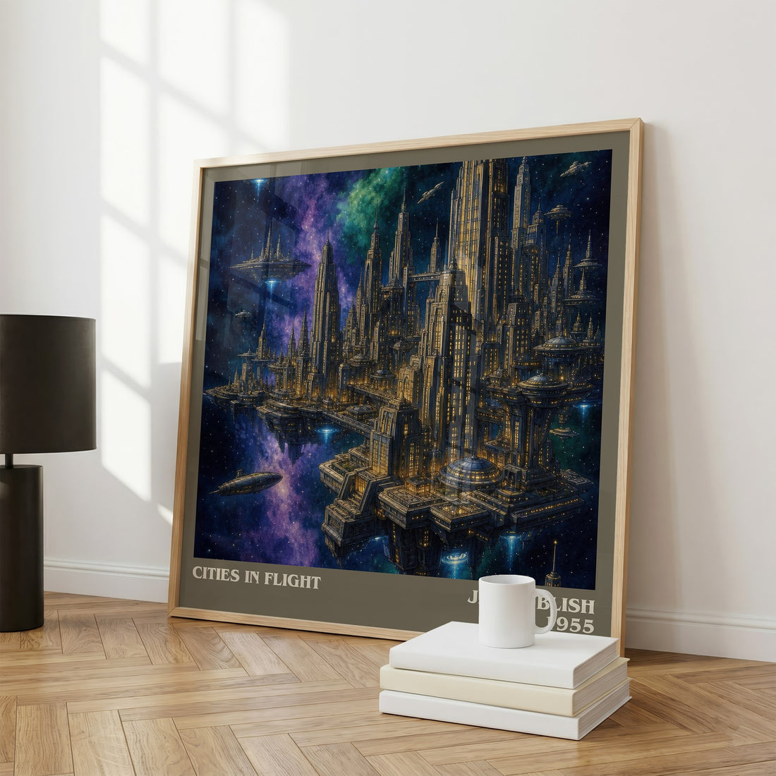 Cities in Flight literary print framed by window – literary home decor