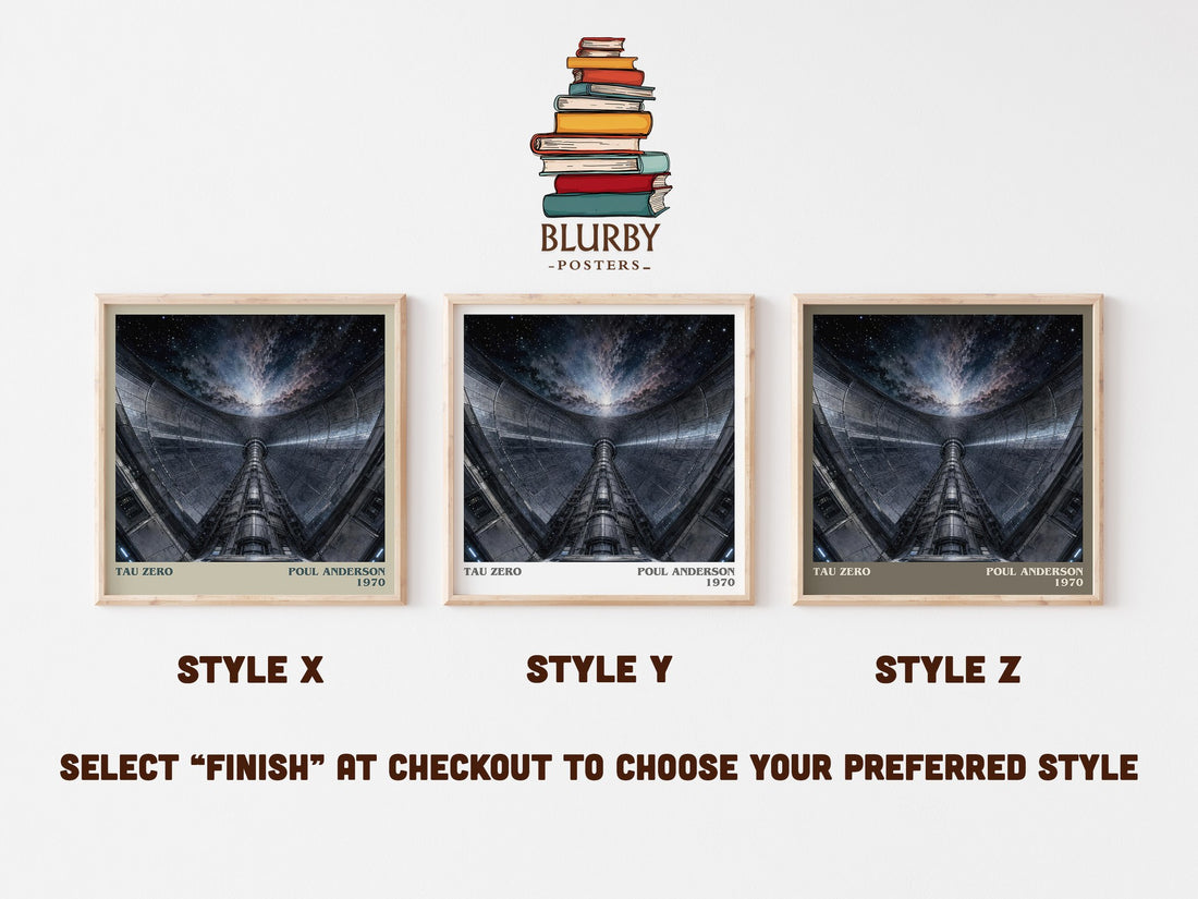 Tau Zero literary print in frame leaning in hallway – sci fi wall art (mockup)
