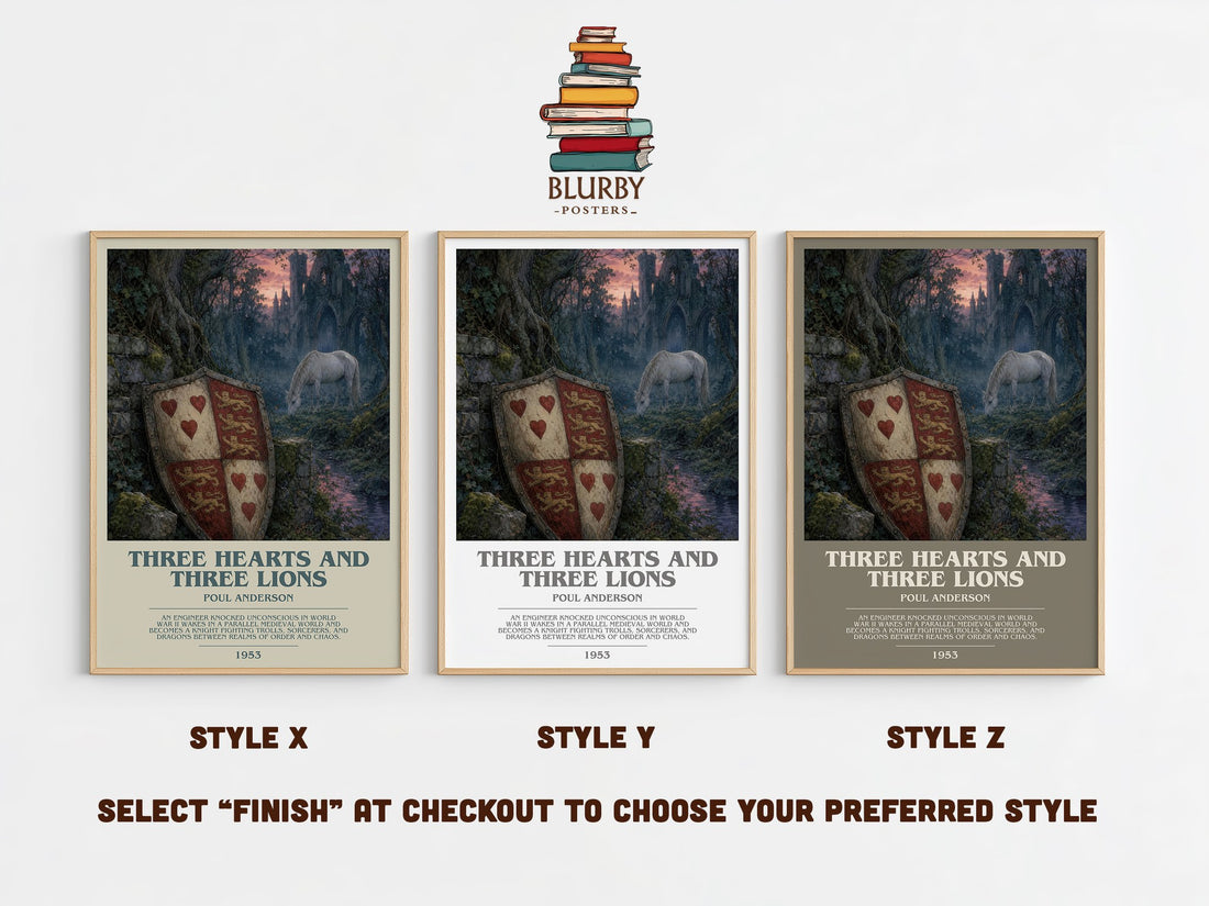 Three Hearts and Three Lions bookish print in frame leaning in hallway – fantasy wall art (mockup)