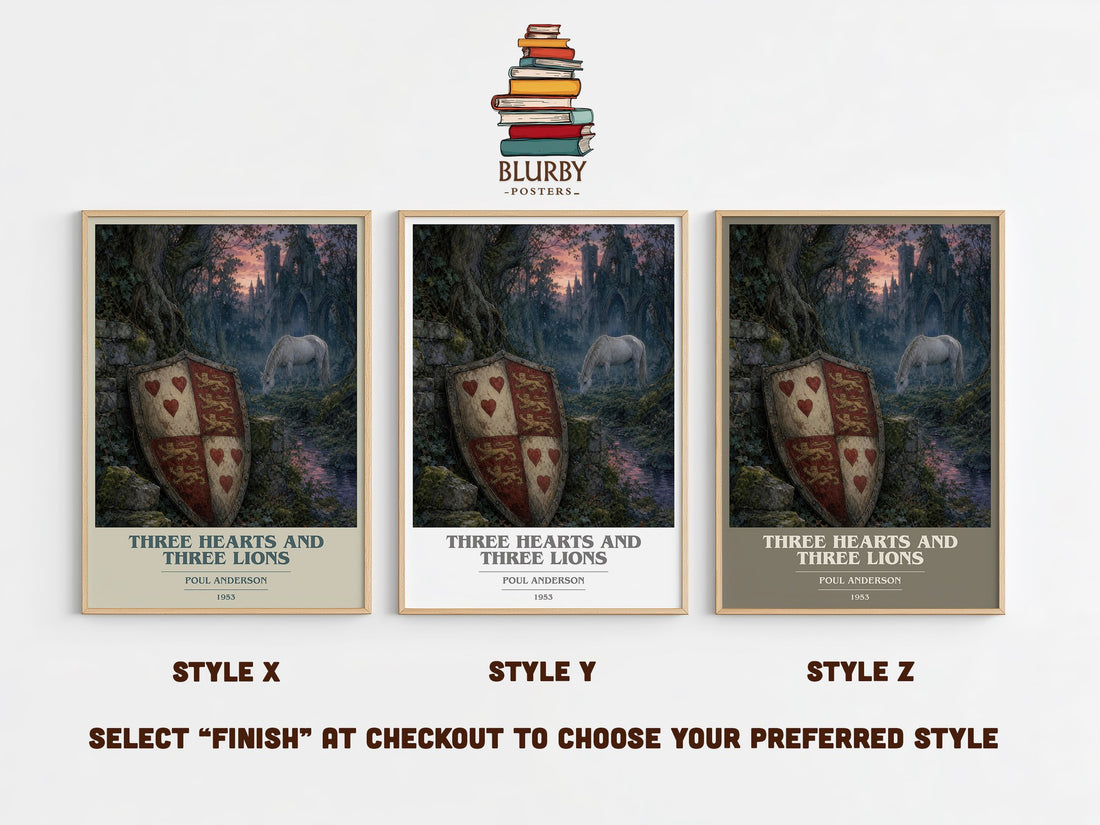 Three Hearts and Three Lions book cover print in frame leaning in hallway – fantasy wall art (mockup)