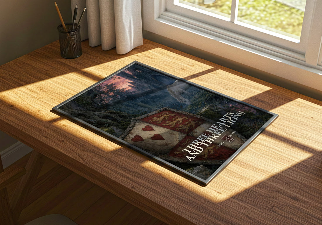 Three Hearts and Three Lions watercolour book poster framed on wall – fantasy wall art
