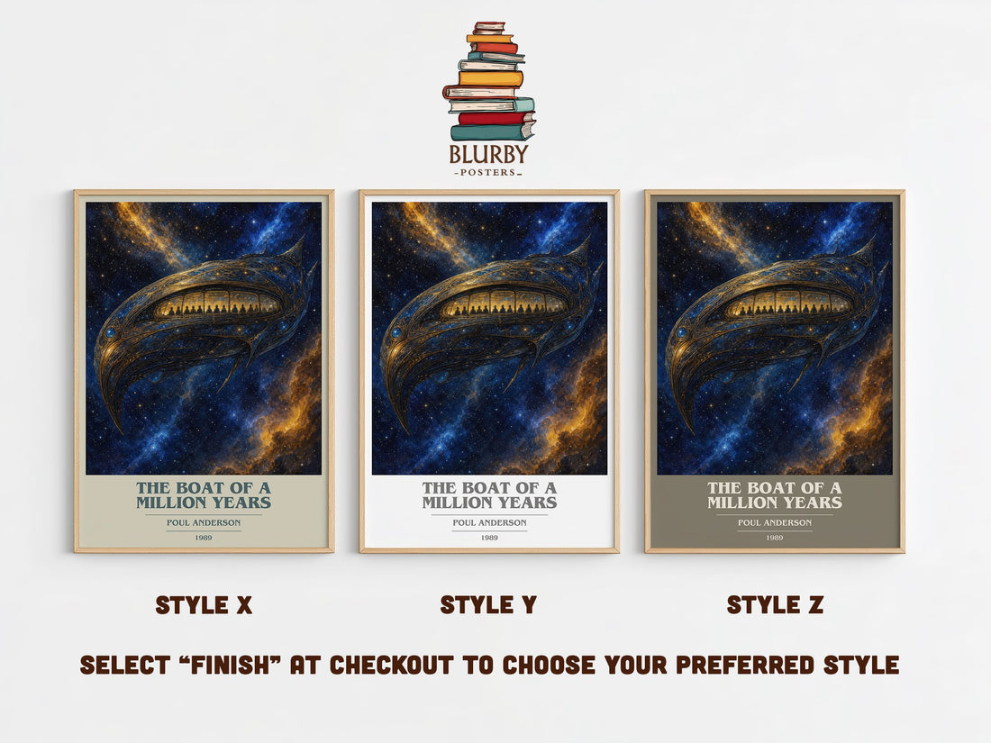 The boat of a million years book cover print in frame leaning in hallway – sci fi wall art (mockup)