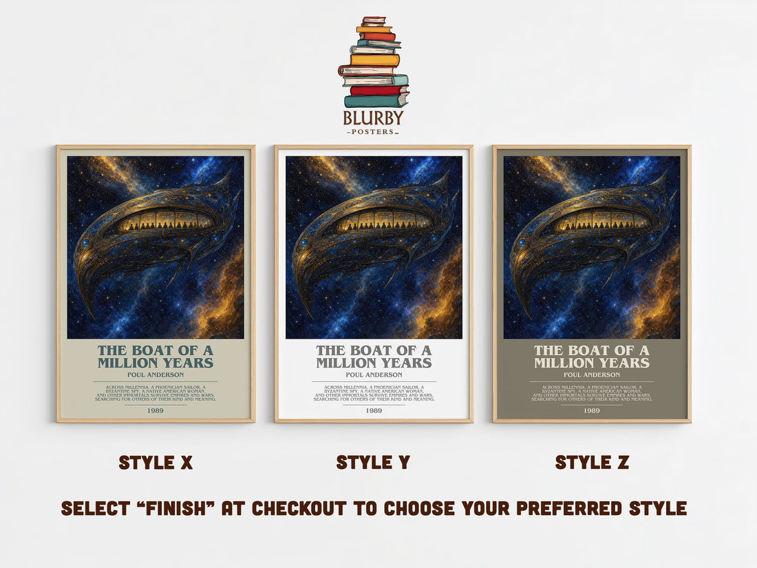 The boat of a million years bookish print in frame leaning in hallway – sci fi wall art (mockup)