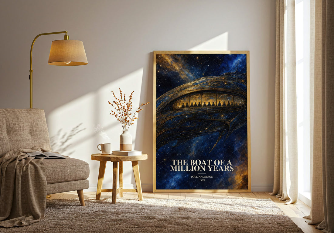 The boat of a million years watercolour print in frame leaning in hallway – sci fi wall art
