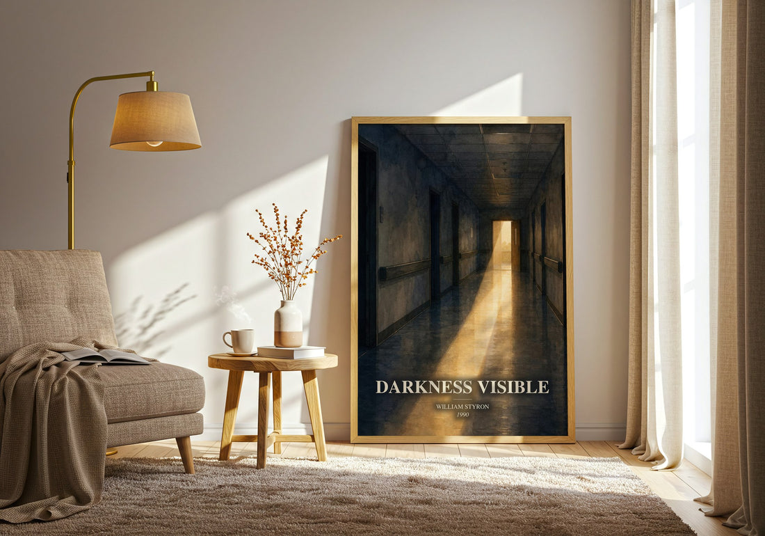Darkness Visible watercolour print in frame leaning in hallway – memoir wall art