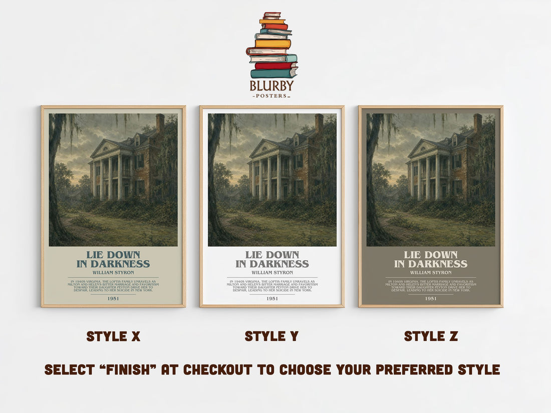 Lie down in Darkness bookish print in frame leaning in hallway – literary fiction wall art (mockup)