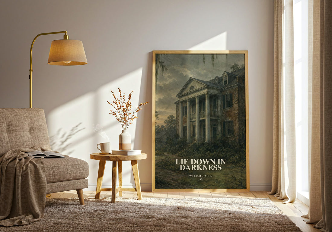 Lie down in Darkness watercolour print in frame leaning in hallway – literary fiction wall art