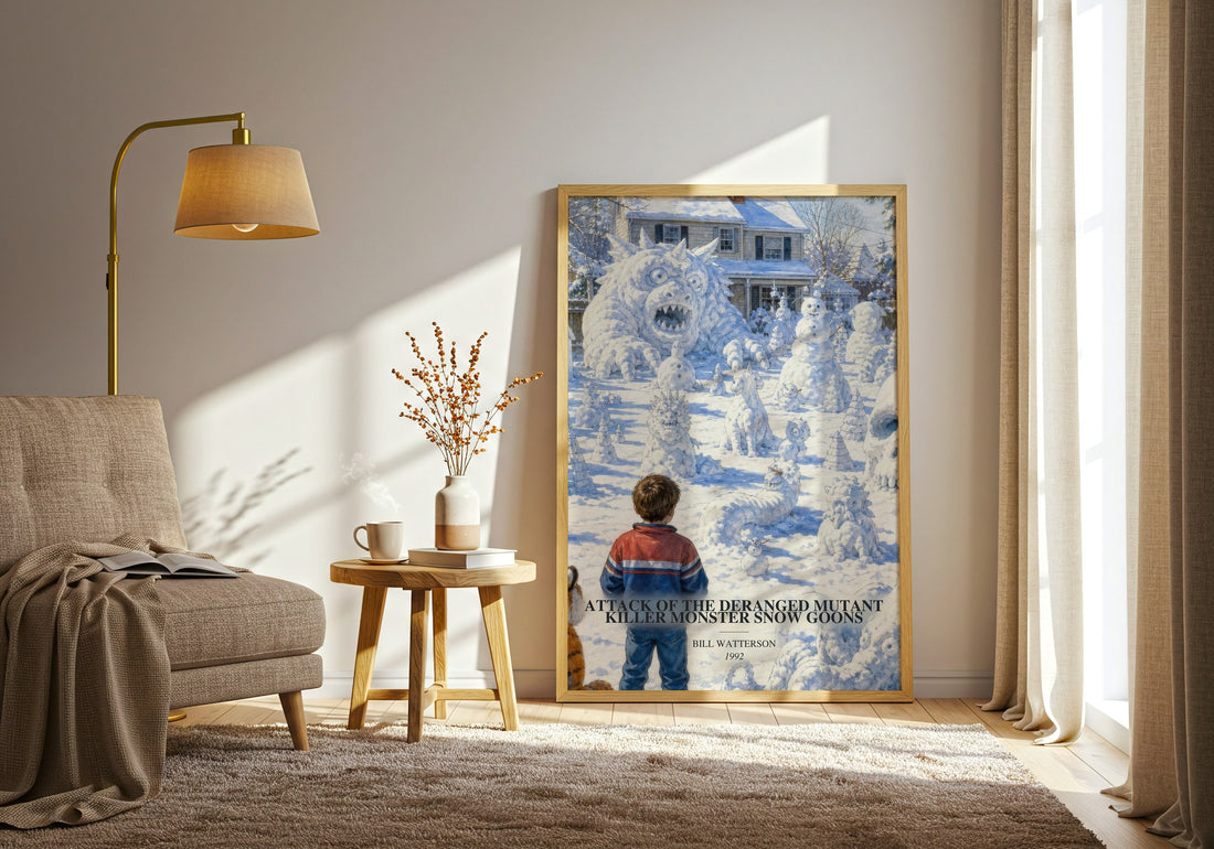 Attack of the Deranged Mutant Killer Monster Snow Goons watercolour print in frame leaning in hallway – childrens wall art