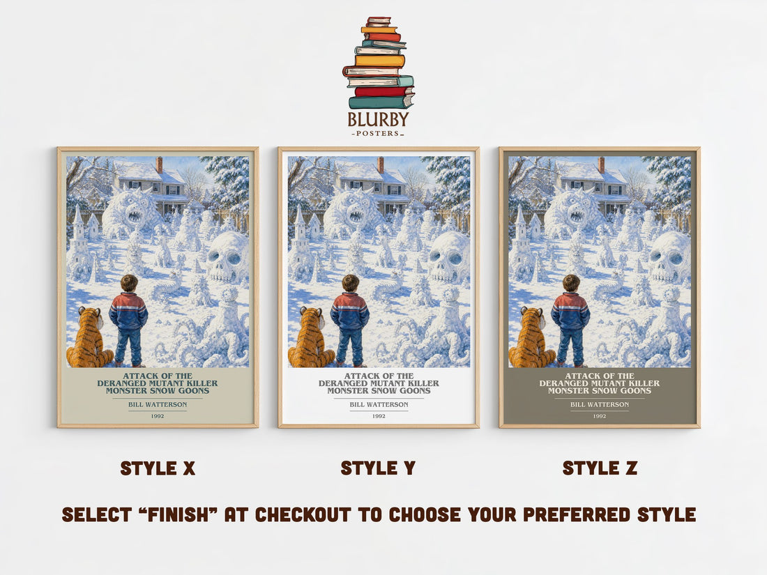Attack of the Deranged Mutant Killer Monster Snow Goons book cover print in frame leaning in hallway – childrens wall art (mockup)