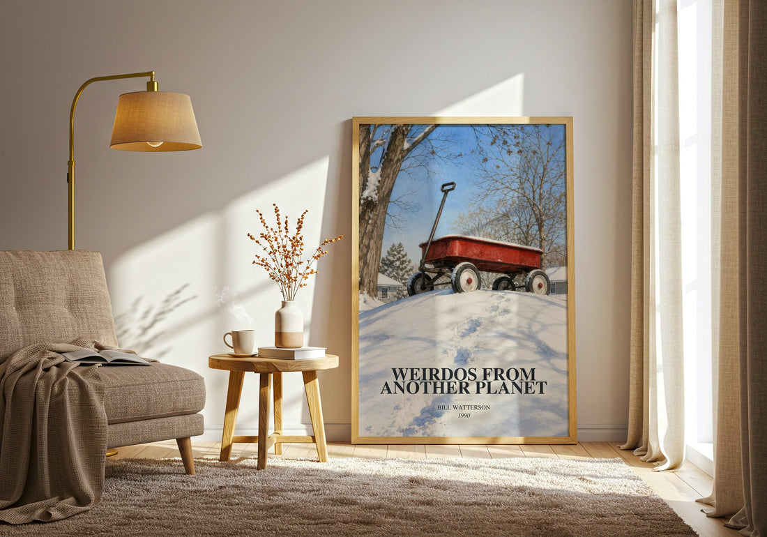 Weirdos from Another Planet watercolour print in frame leaning in hallway – childrens wall art