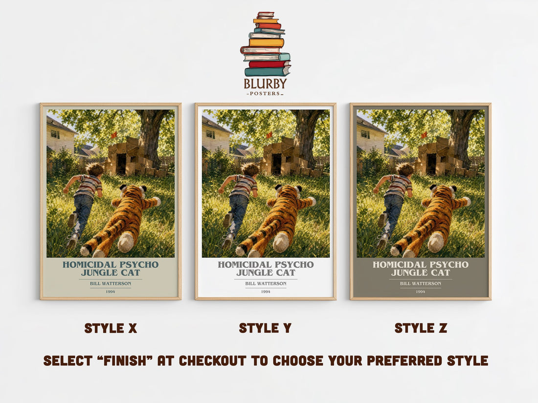 Homicidal psycho jungle cat book cover print in frame leaning in hallway – childrens wall art (mockup)