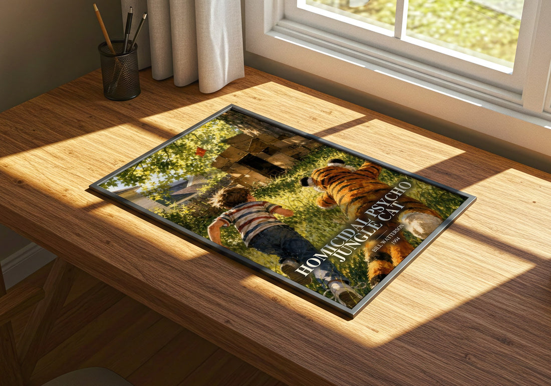 Homicidal psycho jungle cat watercolour book poster framed on wall – childrens wall art