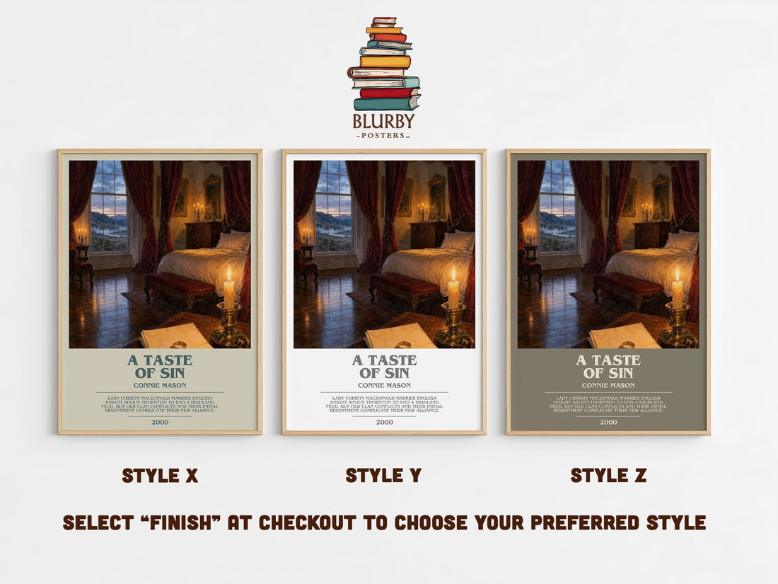 A Taste of Sin bookish print in frame leaning in hallway – romance wall art (mockup)