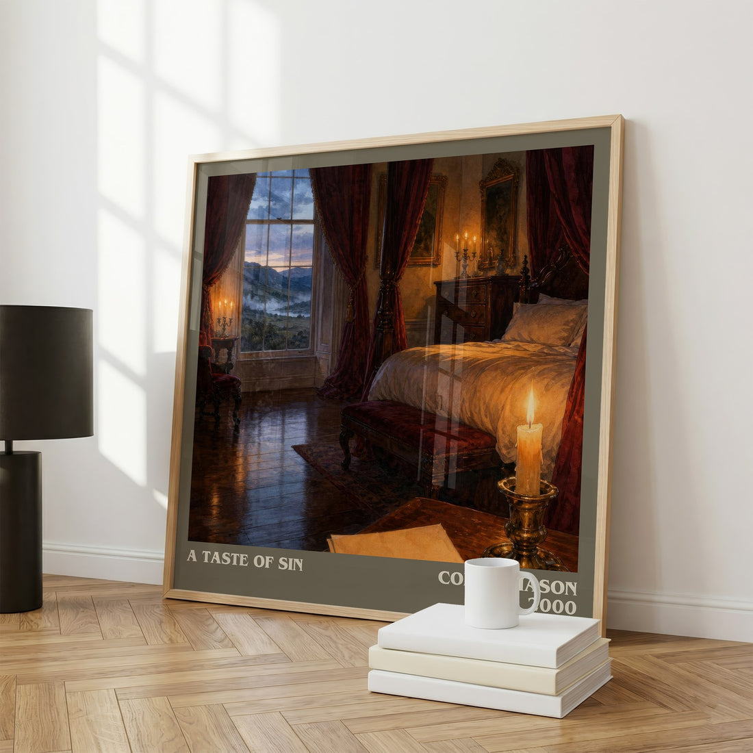 A Taste of Sin literary print framed by window – literary home decor
