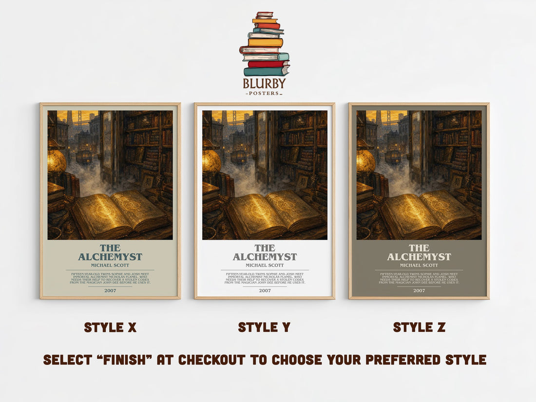The Alchemyst bookish print in frame leaning in hallway – young adult wall art (mockup)
