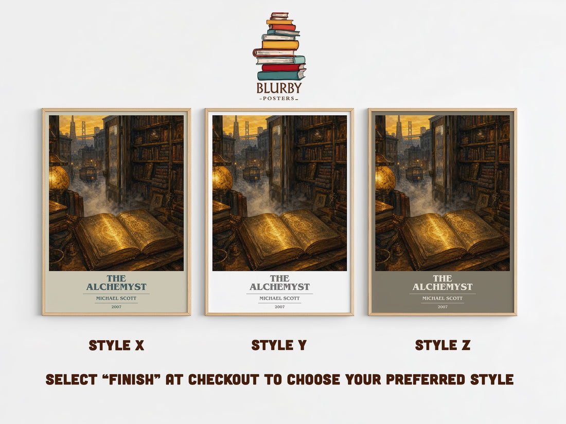 The Alchemyst book cover print in frame leaning in hallway – young adult wall art (mockup)