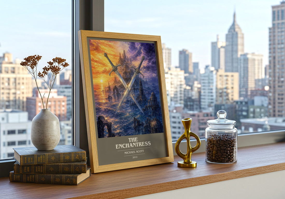 The Enchantress book cover print framed by window – literary home decor