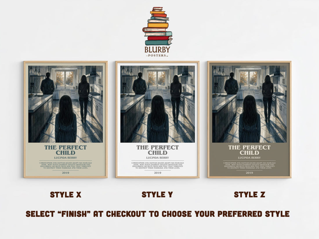 The Perfect Child bookish print in frame leaning in hallway – thriller wall art (mockup)