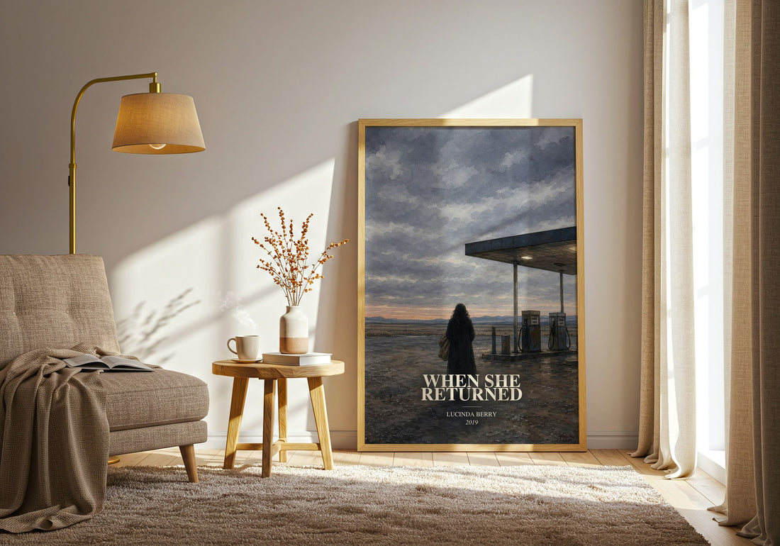 When She Returned watercolour print in frame leaning in hallway – thriller wall art