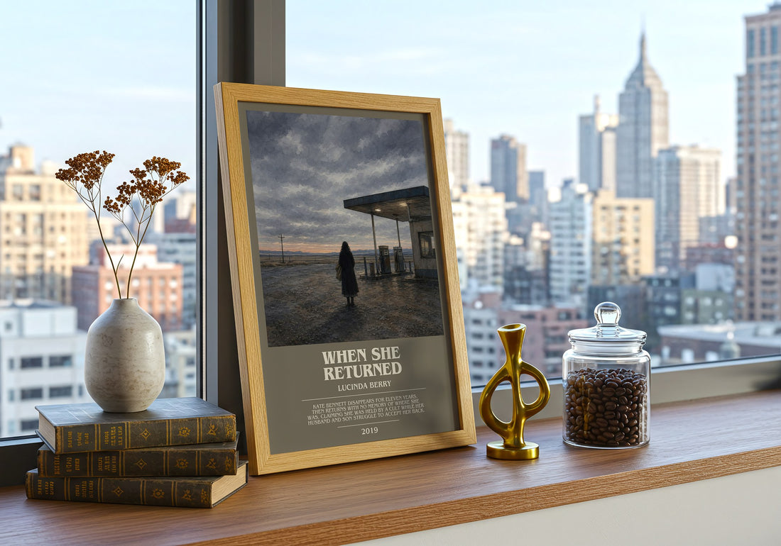 When She Returned bookish print framed by window – literary home decor