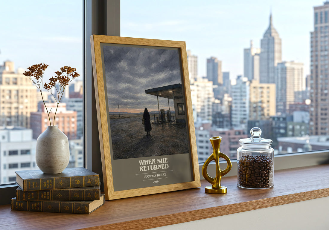When She Returned book cover print framed by window – literary home decor