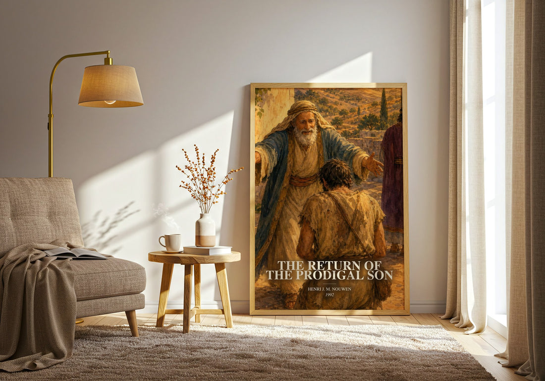 The Return of the Prodigal Son watercolour print in frame leaning in hallway – memoir wall art