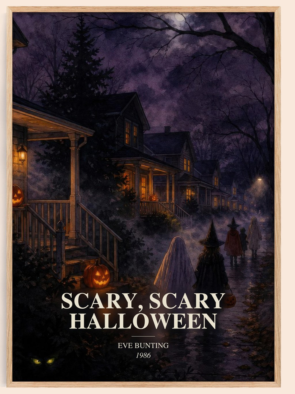 Scary, Scary Halloween watercolour book poster by Eve Bunting – framed literary art print