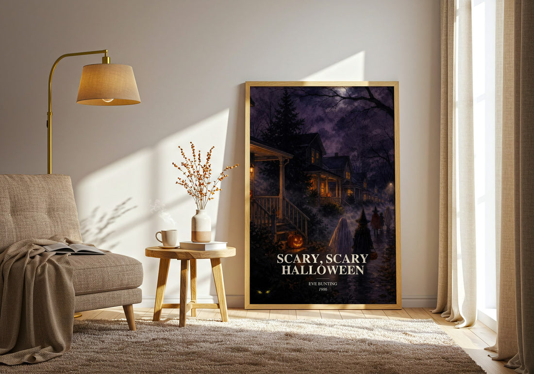 Scary, Scary Halloween watercolour print in frame leaning in hallway – childrens wall art